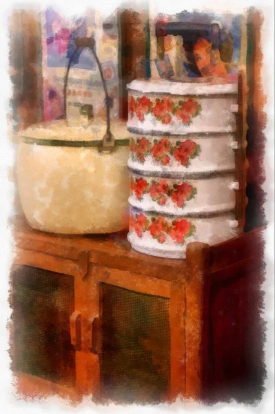 Обідня Коробка Їжею Стародавній Горщик Акварельний Стиль Ілюстрація Імпресіоністський Живопис — стокове фото