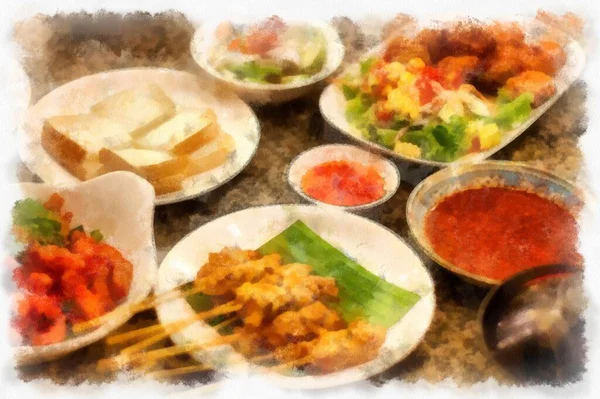 Thai Food Set Plate Table Watercolor Style Illustration Impressionist Painting — Stock fotografie