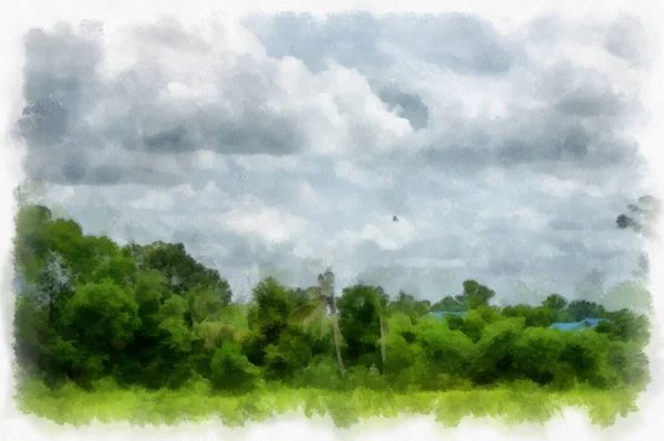 Meadow Forest Landscape Watercolor Style Illustration Impressionist Painting — стоковое фото