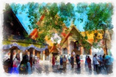 Landscape and scenery of the Ancient Architecture Council in Chiang Mai and tourist attractions of Thailand watercolor style illustration impressionist painting.