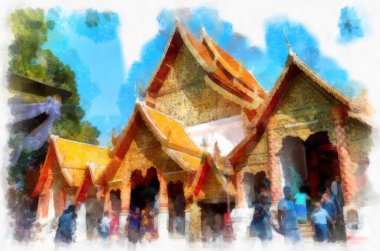 Landscape and scenery of the Ancient Architecture Council in Chiang Mai and tourist attractions of Thailand watercolor style illustration impressionist painting.