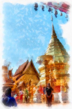 Landscape and scenery of the Ancient Architecture Council in Chiang Mai and tourist attractions of Thailand watercolor style illustration impressionist painting.