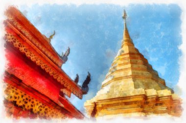 Landscape and scenery of the Ancient Architecture Council in Chiang Mai and tourist attractions of Thailand watercolor style illustration impressionist painting.