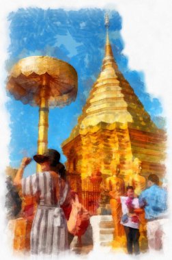 Landscape and scenery of the Ancient Architecture Council in Chiang Mai and tourist attractions of Thailand watercolor style illustration impressionist painting.