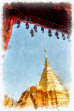 Landscape and scenery of the Ancient Architecture Council in Chiang Mai and tourist attractions of Thailand watercolor style illustration impressionist painting.