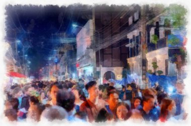 Landscape and scenery of the Ancient Architecture Council in Chiang Mai and tourist attractions of Thailand watercolor style illustration impressionist painting.