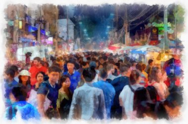 Landscape and scenery of the Ancient Architecture Council in Chiang Mai and tourist attractions of Thailand watercolor style illustration impressionist painting.