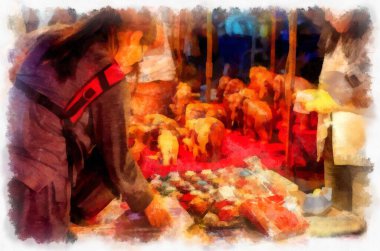 Landscape and scenery of the Ancient Architecture Council in Chiang Mai and tourist attractions of Thailand watercolor style illustration impressionist painting.