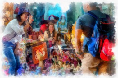 Landscape and scenery of the Ancient Architecture Council in Chiang Mai and tourist attractions of Thailand watercolor style illustration impressionist painting.