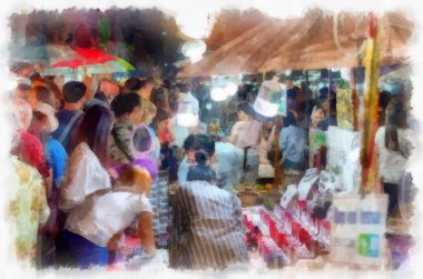 Landscape and scenery of the Ancient Architecture Council in Chiang Mai and tourist attractions of Thailand watercolor style illustration impressionist painting.