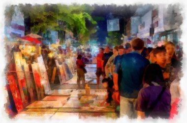 Landscape and scenery of the Ancient Architecture Council in Chiang Mai and tourist attractions of Thailand watercolor style illustration impressionist painting.