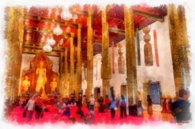 Landscape and scenery of the Ancient Architecture Council in Chiang Mai and tourist attractions of Thailand watercolor style illustration impressionist painting.