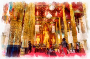 Landscape and scenery of the Ancient Architecture Council in Chiang Mai and tourist attractions of Thailand watercolor style illustration impressionist painting.