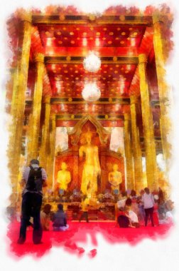 Landscape and scenery of the Ancient Architecture Council in Chiang Mai and tourist attractions of Thailand watercolor style illustration impressionist painting.