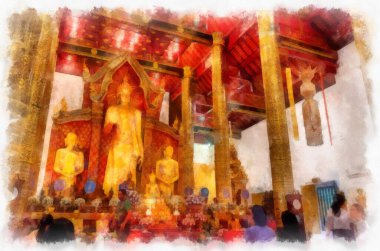 Landscape and scenery of the Ancient Architecture Council in Chiang Mai and tourist attractions of Thailand watercolor style illustration impressionist painting.