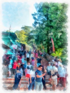 Landscape and scenery of the Ancient Architecture Council in Chiang Mai and tourist attractions of Thailand watercolor style illustration impressionist painting.