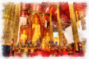 Landscape and scenery of the Ancient Architecture Council in Chiang Mai and tourist attractions of Thailand watercolor style illustration impressionist painting.