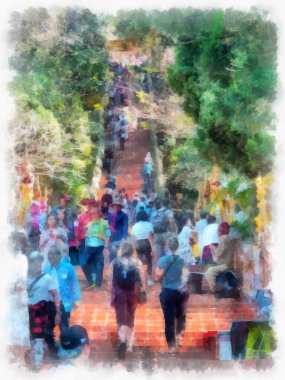 Landscape and scenery of the Ancient Architecture Council in Chiang Mai and tourist attractions of Thailand watercolor style illustration impressionist painting.