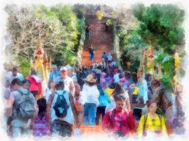 Landscape and scenery of the Ancient Architecture Council in Chiang Mai and tourist attractions of Thailand watercolor style illustration impressionist painting.