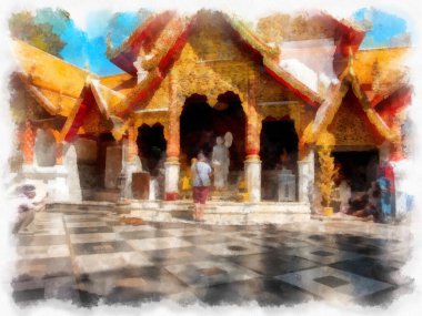 Landscape and scenery of the Ancient Architecture Council in Chiang Mai and tourist attractions of Thailand watercolor style illustration impressionist painting.