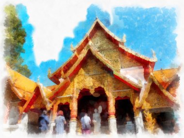 Landscape and scenery of the Ancient Architecture Council in Chiang Mai and tourist attractions of Thailand watercolor style illustration impressionist painting.