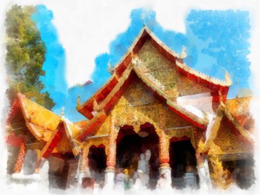 Landscape and scenery of the Ancient Architecture Council in Chiang Mai and tourist attractions of Thailand watercolor style illustration impressionist painting.