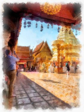 Landscape and scenery of the Ancient Architecture Council in Chiang Mai and tourist attractions of Thailand watercolor style illustration impressionist painting.