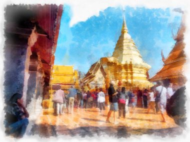 Landscape and scenery of the Ancient Architecture Council in Chiang Mai and tourist attractions of Thailand watercolor style illustration impressionist painting.