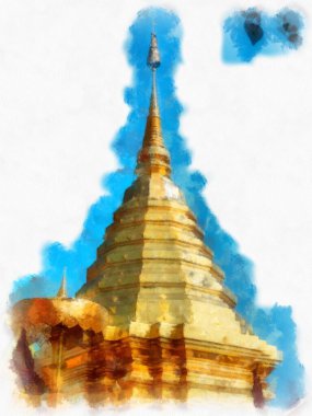 Landscape and scenery of the Ancient Architecture Council in Chiang Mai and tourist attractions of Thailand watercolor style illustration impressionist painting.