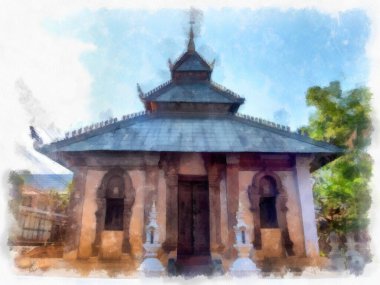 Landscape and scenery of the Ancient Architecture Council in Chiang Mai and tourist attractions of Thailand watercolor style illustration impressionist painting.