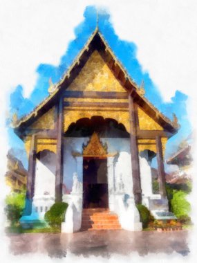 Landscape and scenery of the Ancient Architecture Council in Chiang Mai and tourist attractions of Thailand watercolor style illustration impressionist painting.