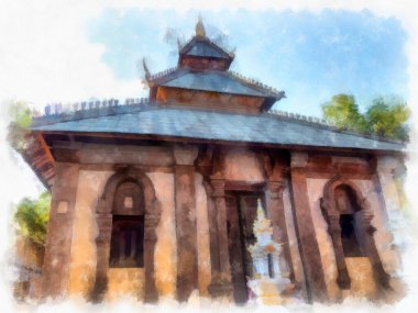 Landscape and scenery of the Ancient Architecture Council in Chiang Mai and tourist attractions of Thailand watercolor style illustration impressionist painting.