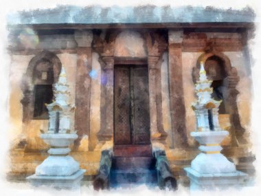 Landscape and scenery of the Ancient Architecture Council in Chiang Mai and tourist attractions of Thailand watercolor style illustration impressionist painting.