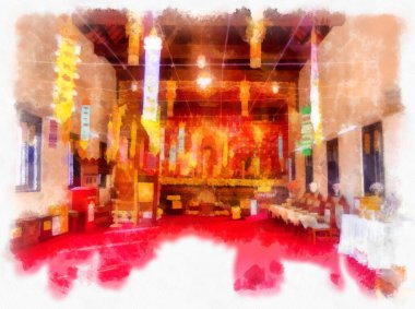 Landscape and scenery of the Ancient Architecture Council in Chiang Mai and tourist attractions of Thailand watercolor style illustration impressionist painting.