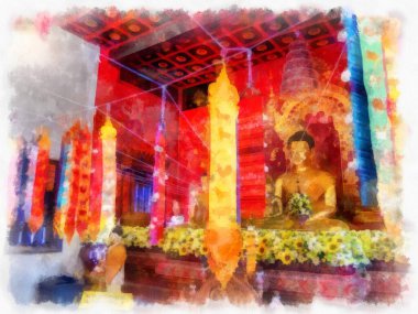 Landscape and scenery of the Ancient Architecture Council in Chiang Mai and tourist attractions of Thailand watercolor style illustration impressionist painting.