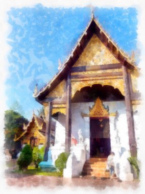 Landscape and scenery of the Ancient Architecture Council in Chiang Mai and tourist attractions of Thailand watercolor style illustration impressionist painting.
