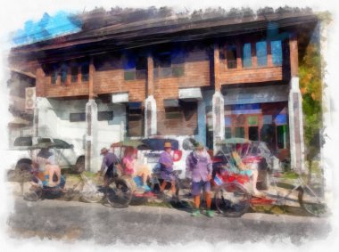 Landscape and scenery of the Ancient Architecture Council in Chiang Mai and tourist attractions of Thailand watercolor style illustration impressionist painting.