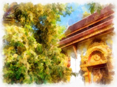 Landscape and scenery of the Ancient Architecture Council in Chiang Mai and tourist attractions of Thailand watercolor style illustration impressionist painting.