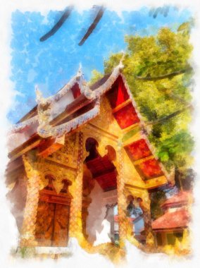 Landscape and scenery of the Ancient Architecture Council in Chiang Mai and tourist attractions of Thailand watercolor style illustration impressionist painting.