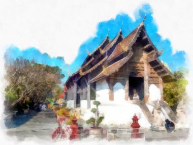Landscape and scenery of the Ancient Architecture Council in Chiang Mai and tourist attractions of Thailand watercolor style illustration impressionist painting.