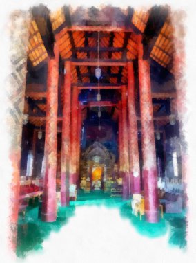 Landscape and scenery of the Ancient Architecture Council in Chiang Mai and tourist attractions of Thailand watercolor style illustration impressionist painting.