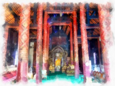 Landscape and scenery of the Ancient Architecture Council in Chiang Mai and tourist attractions of Thailand watercolor style illustration impressionist painting.