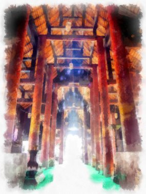 Landscape and scenery of the Ancient Architecture Council in Chiang Mai and tourist attractions of Thailand watercolor style illustration impressionist painting.