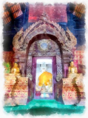 Landscape and scenery of the Ancient Architecture Council in Chiang Mai and tourist attractions of Thailand watercolor style illustration impressionist painting.
