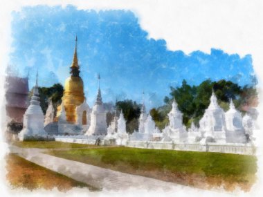 Landscape and scenery of the Ancient Architecture Council in Chiang Mai and tourist attractions of Thailand watercolor style illustration impressionist painting.