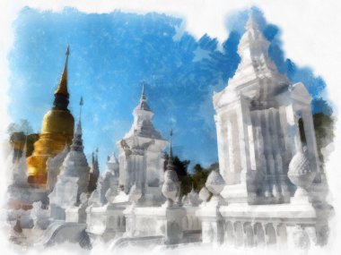 Landscape and scenery of the Ancient Architecture Council in Chiang Mai and tourist attractions of Thailand watercolor style illustration impressionist painting.