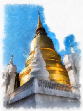 Landscape and scenery of the Ancient Architecture Council in Chiang Mai and tourist attractions of Thailand watercolor style illustration impressionist painting.
