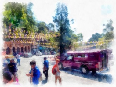 Landscape and scenery of the Ancient Architecture Council in Chiang Mai and tourist attractions of Thailand watercolor style illustration impressionist painting.