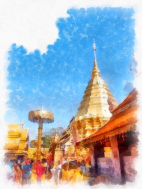 Landscape and scenery of the Ancient Architecture Council in Chiang Mai and tourist attractions of Thailand watercolor style illustration impressionist painting.