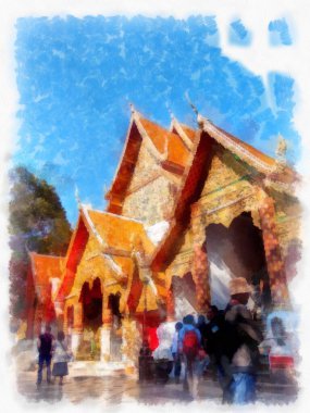 Landscape and scenery of the Ancient Architecture Council in Chiang Mai and tourist attractions of Thailand watercolor style illustration impressionist painting.